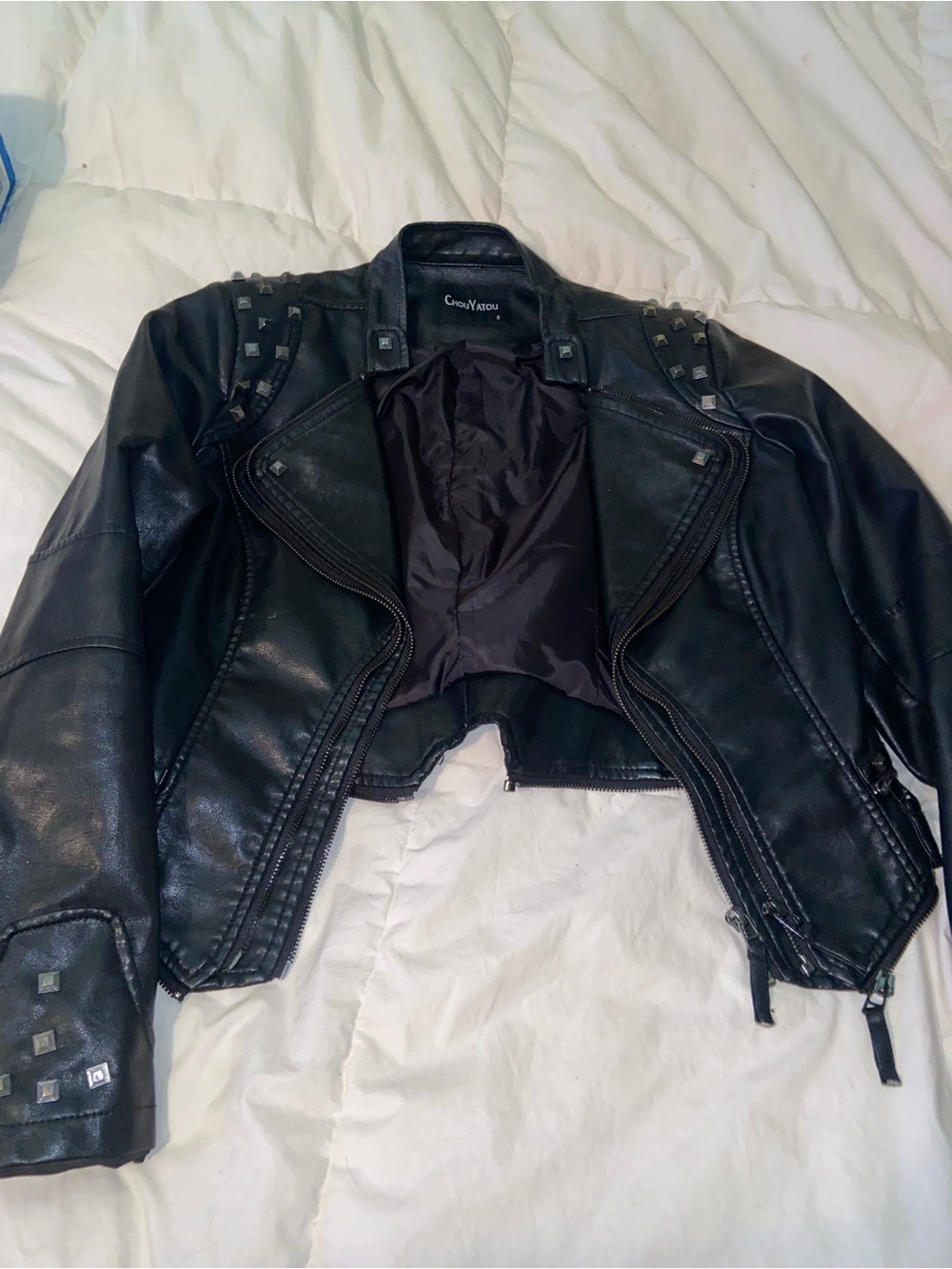 Black Studded Faux Leather Cropped Moto Jacket